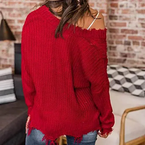 Women's Loose Knitted Sweater Long Sleeve V-Neck Ripped Pullover Sweaters Crop Top Knit Jumper