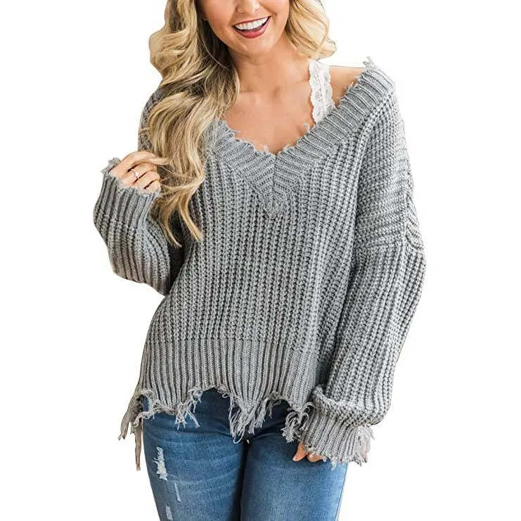 Women's Loose Knitted Sweater Long Sleeve V-Neck Ripped Pullover Sweaters Crop Top Knit Jumper