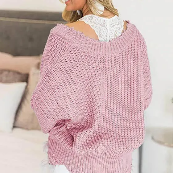 Women's Loose Knitted Sweater Long Sleeve V-Neck Ripped Pullover Sweaters Crop Top Knit Jumper