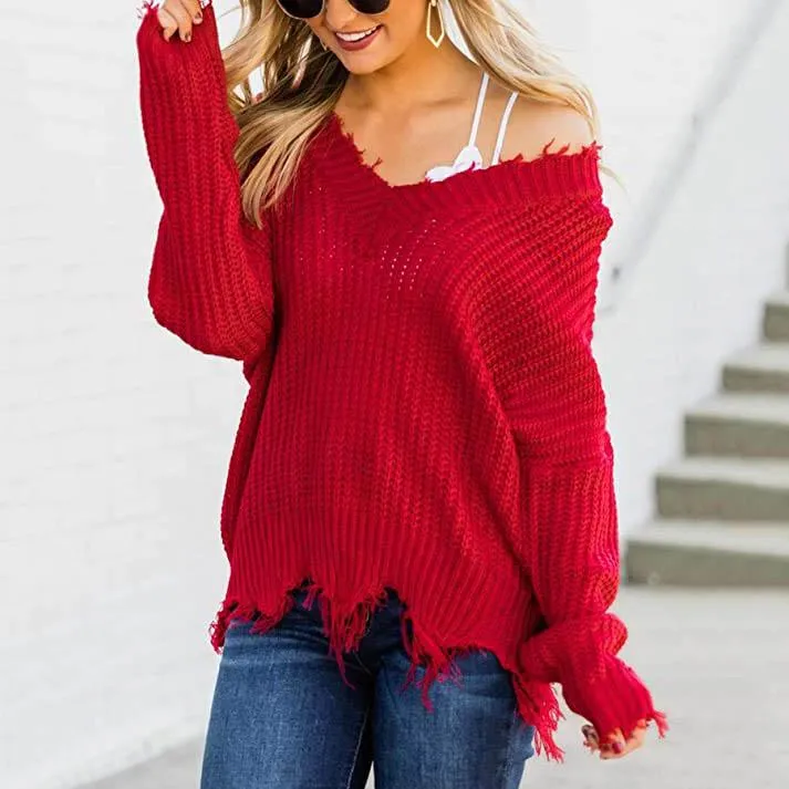 Women's Loose Knitted Sweater Long Sleeve V-Neck Ripped Pullover Sweaters Crop Top Knit Jumper