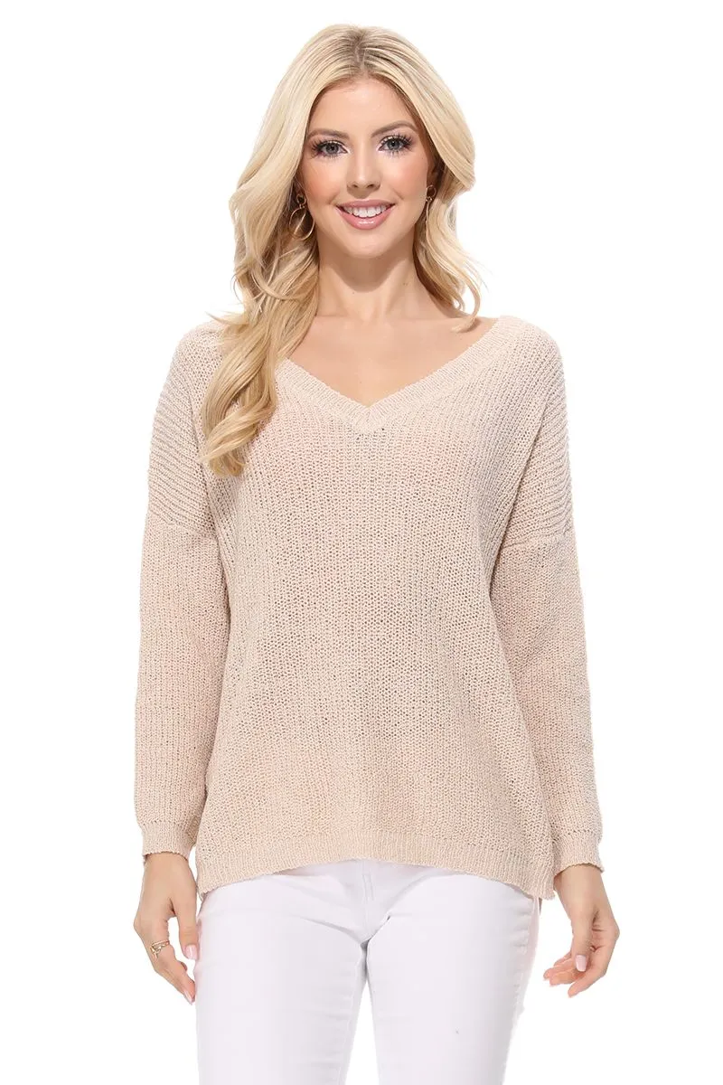 YEMAK Women's Long Sleeve V-Neck Back Cutout Casual Knit Pullover Summer Sweater MK8144