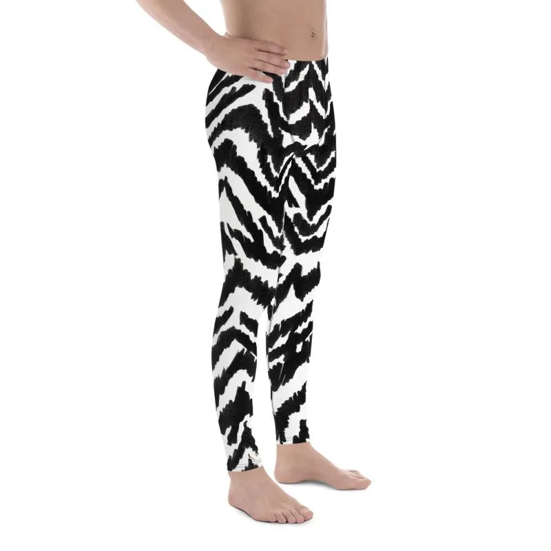 Zebra Print Meggings, Best Black White Animal Print Men's Comfy Leggings-Made in USA/MX/EU