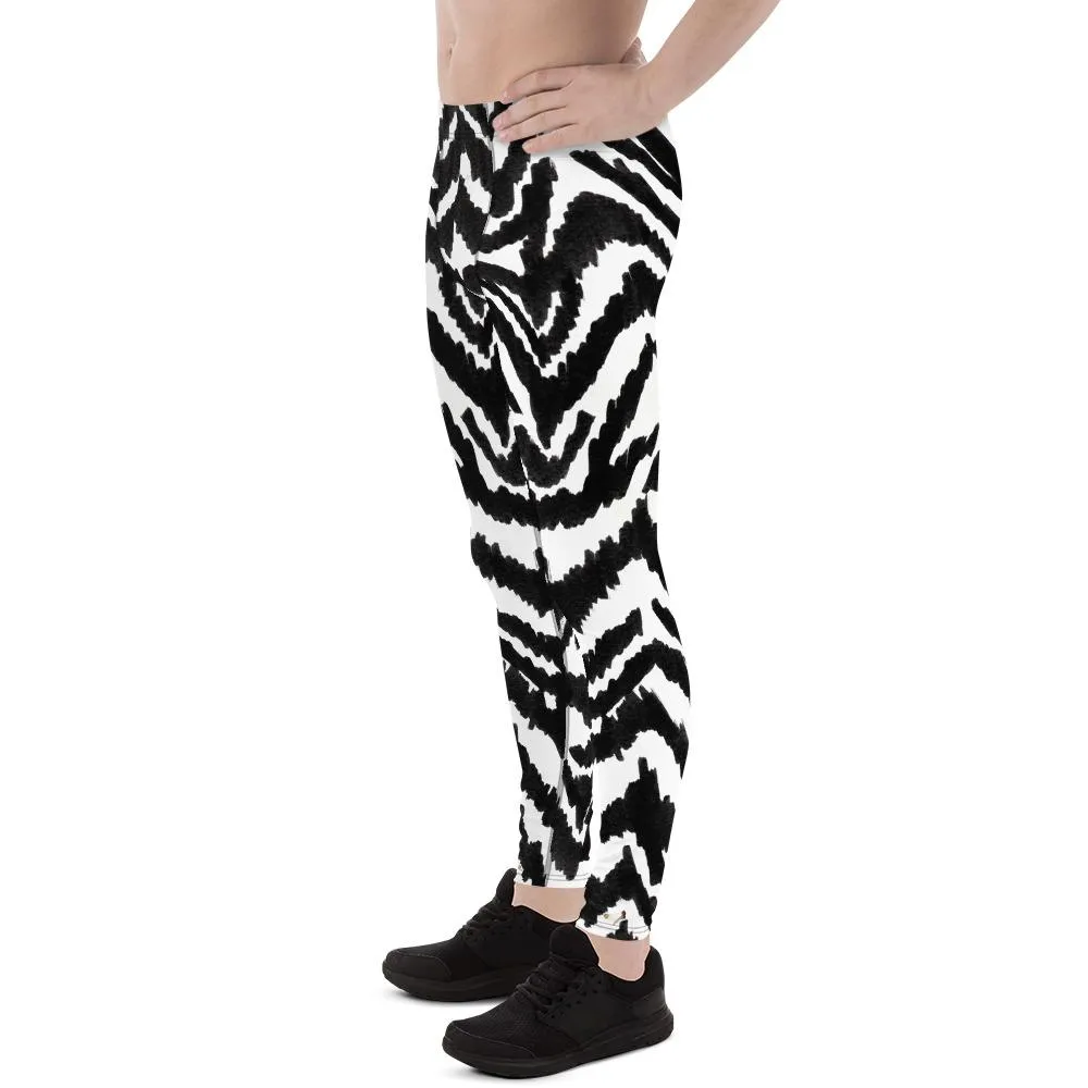 Zebra Print Meggings, Best Black White Animal Print Men's Comfy Leggings-Made in USA/MX/EU